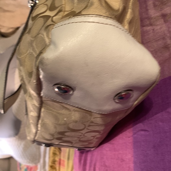 White and tan coach canvas with leather trim. - Picture 7 of 13